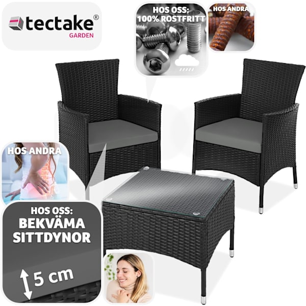 tectake Loungeset Luzern i konstrotting 2+1 inkl överdrag i 2 färger Svart