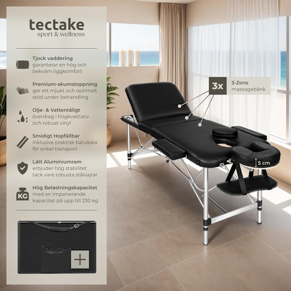 tectake 3-zons massagebänk med 5 cm stoppning och aluminiumram Svart