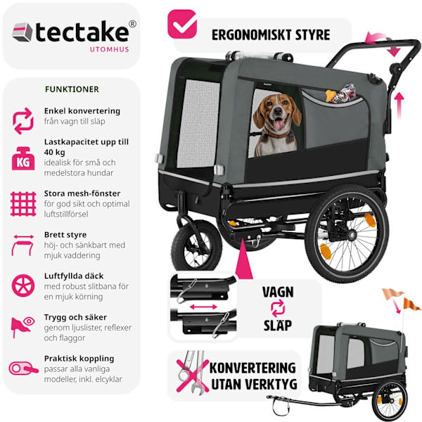 tectake Cykelvagn till hund WoofRider, hopfällbar, upp till 40 kg grå