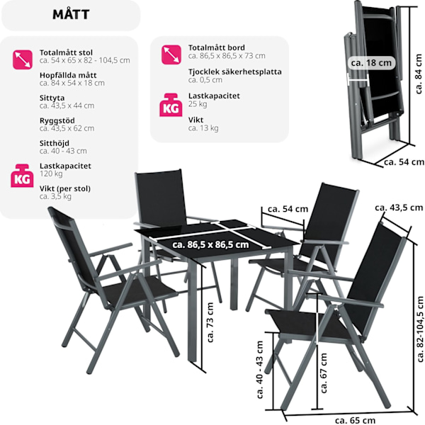 tectake Matgrupp i Aluminium med 4 stolar Grafitgrå