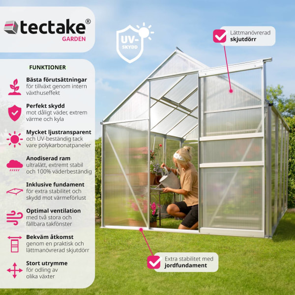 tectake Växthus av aluminium med fundament, 185x250x195cm Transparent