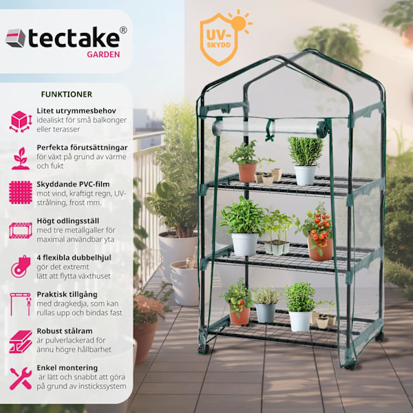 tectake Mobilt växthus med 3 hyllplan 69x49x133cm Transparent