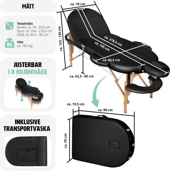 tectake 3-zons massagebänk Sawsan oval med 5 cm stoppning och tr Svart