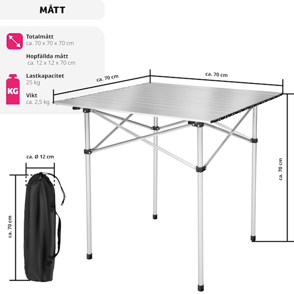 tectake Campingbord i aluminium, hopfällbart 70 x 70 x 70 cm grå