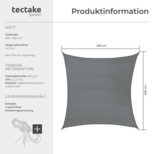 tectake Solsegel i polyeten kvadratiskt, grå - 360 x 360 cm grå