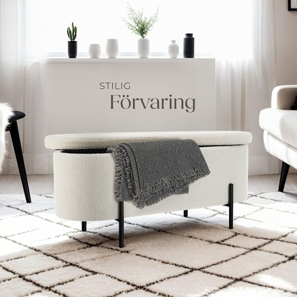 tectake Vadderad sittbänk med förvaring, Lanja Bouclé cremevit