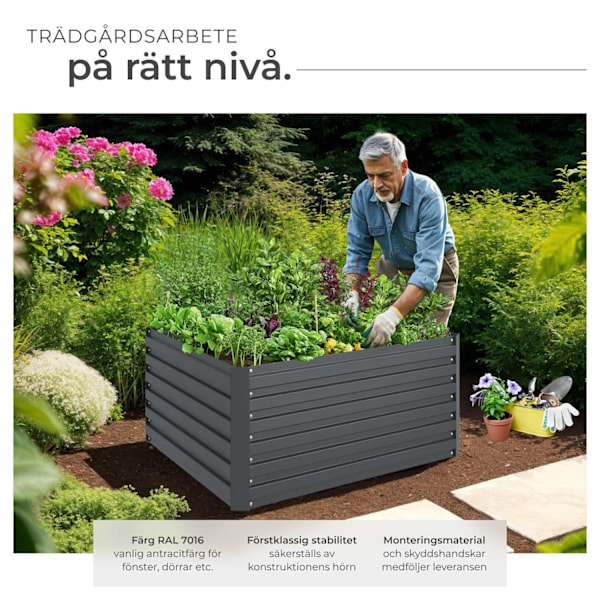 tectake Odlingslåda Blomma 650 L i galvaniserat stål, 120x100x56cm Grafitgrå