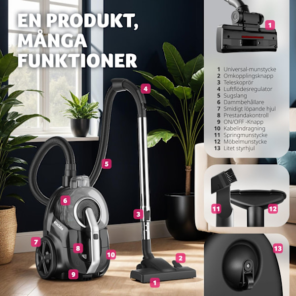 tectake Dammsugare VC900, 900 W, påslös, hårda golv och mattor grå