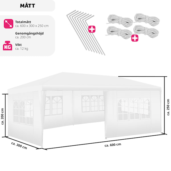 tectake Paviljong Vivara 6x3m med 5 sidopaneler Vit