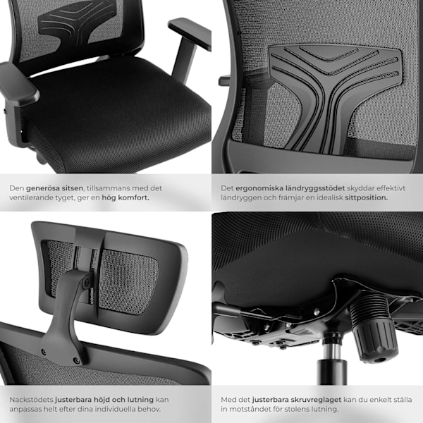 tectake Kontorsstol Phoibe, ergonomisk med justerbart nackstöd Svart