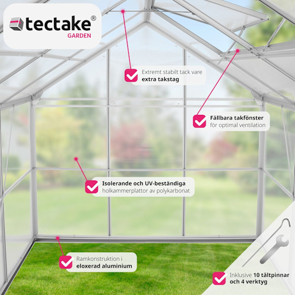 tectake Växthus av aluminium med fundament, 185x250x195cm Transparent