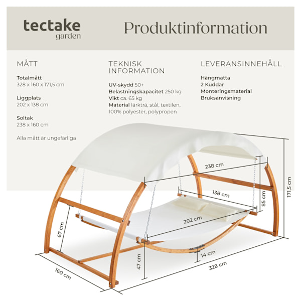 tectake Hängmatta Locarno för 2 personer 328x160x171,5cm Teak