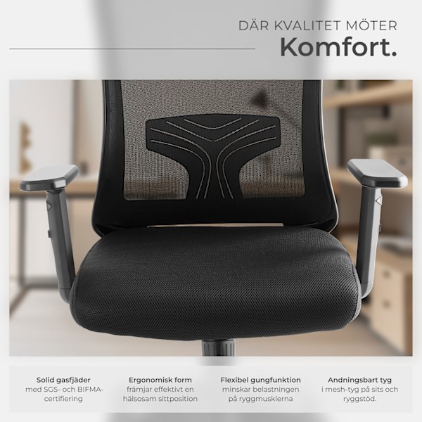 tectake Kontorsstol Phoibe, ergonomisk med justerbart nackstöd Svart