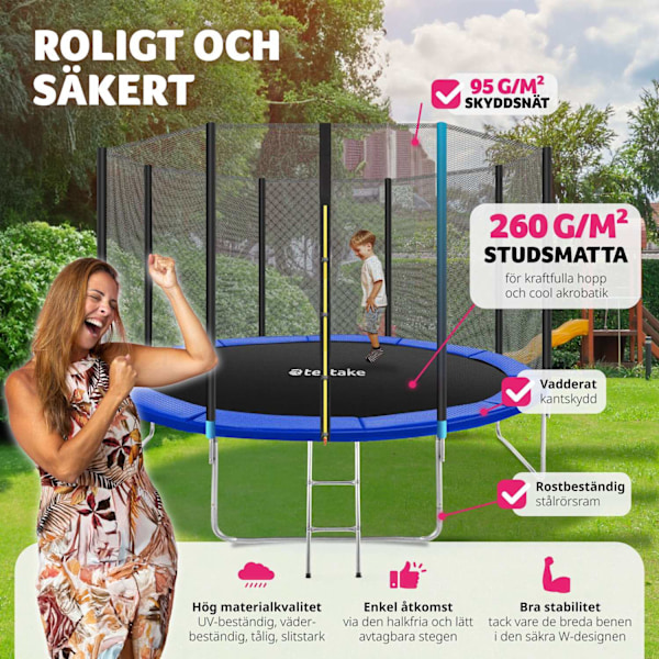 tectake Studsmatta Garfunky med skyddsnät , upp till 80 kg - 366 cm Blå