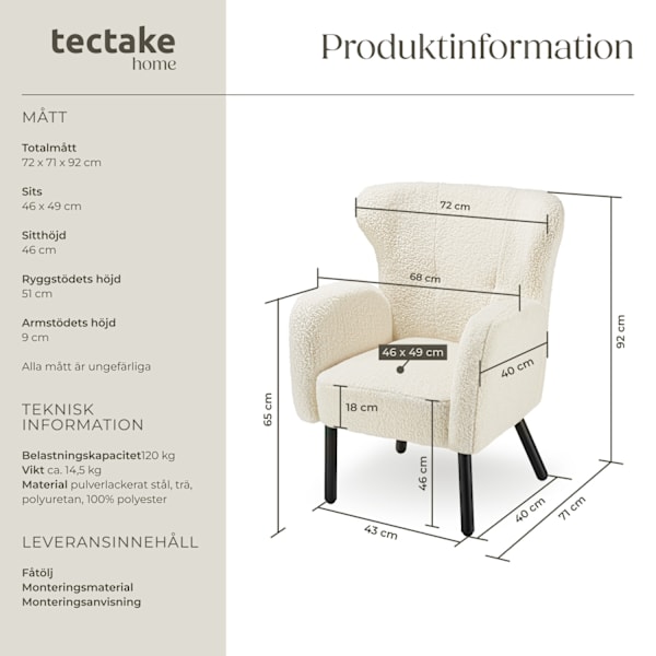 tectake Fåtölj med boucléklädsel Vänersborg Grädde