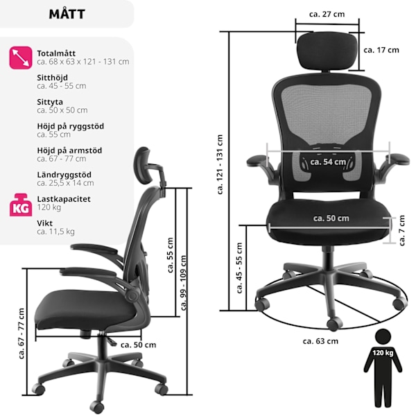 tectake Skrivbordsstol Arges, ergonomisk med justerbart nackstöd Svart