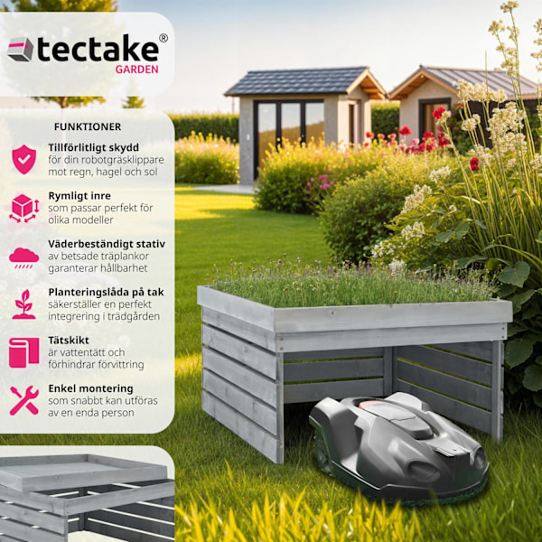 tectake Garage för robotgräsklippare Hortus, trä, planterbart tak grå