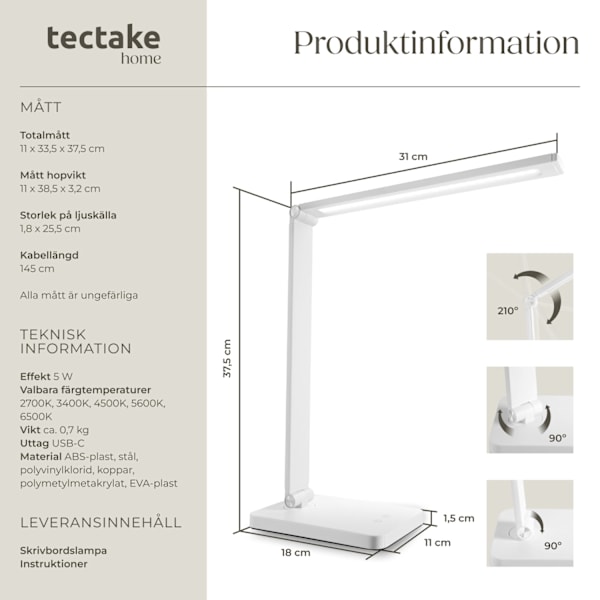 tectake Skrivbordslampa Novaly, LED, dimbar, vikbar, 5W Vit