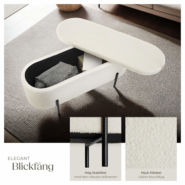 tectake Vadderad sittbänk med förvaring, Lanja Bouclé cremevit