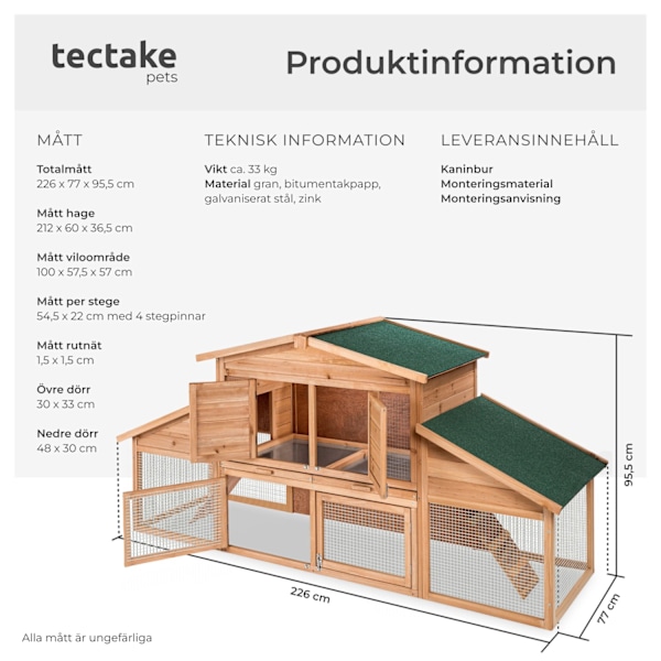 tectake Liten djurhydda XXL i två våningar med rastplats 226x77x95,5 cm Brun