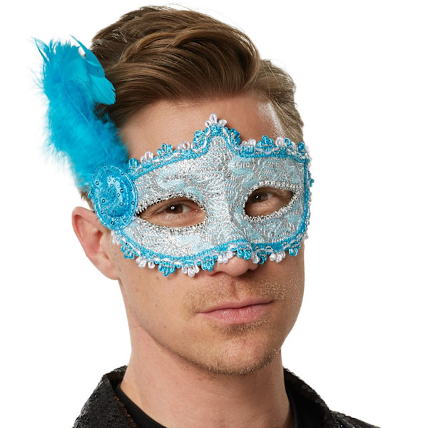 tectake Venetiansk mask med fjädrar på sidorna Blå
