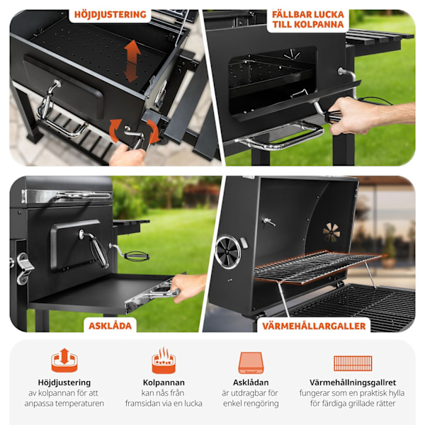 tectake Kolgrill Florian, höjdjusterbar med värmegaller, med termometer Svart
