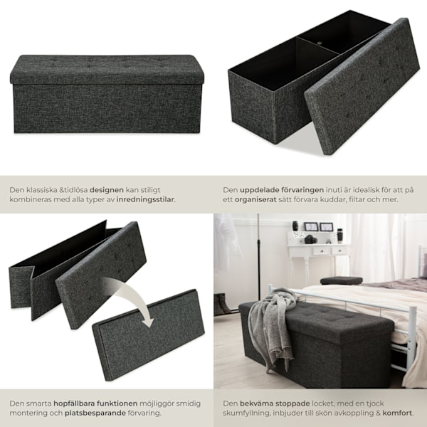 tectake Hopfällbar sittbänk med förvaringsutrymme 110 x 38 cm Mörkgrå