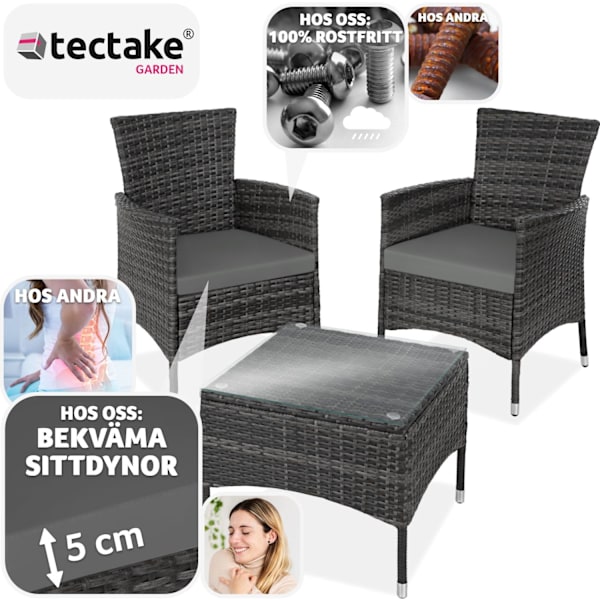 tectake Loungeset Luzern i konstrotting 2+1 inkl överdrag i 2 färger grå