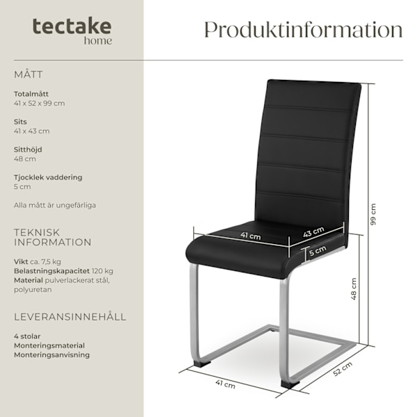 tectake Köksstolar Bettina -  Uppsättning om 4 Svart