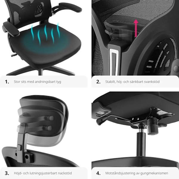 tectake Skrivbordsstol Arges, ergonomisk med justerbart nackstöd Svart
