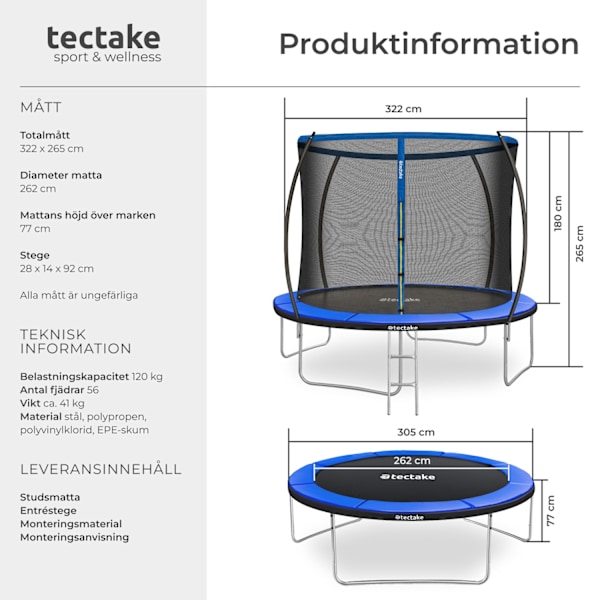 tectake Studsmatta Jumpy med skyddsnät - 305 cm Blå