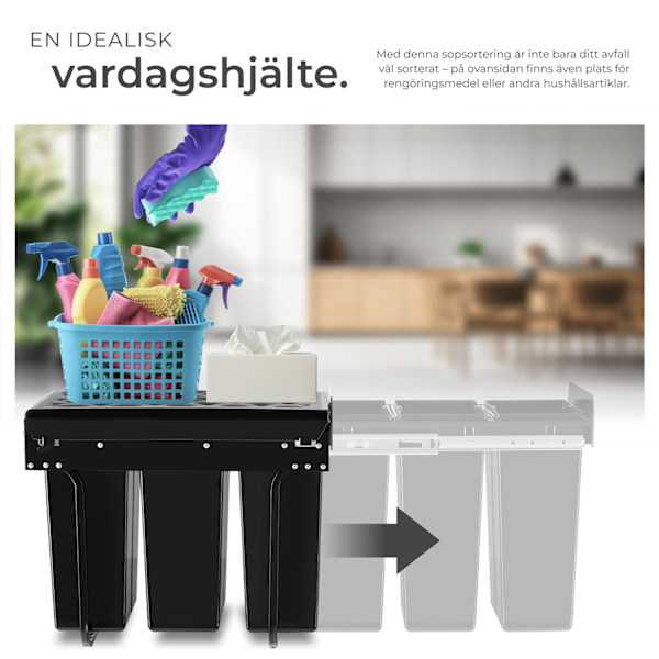 tectake Sopsortering Ashlyn, 3-kärl, 30L Svart