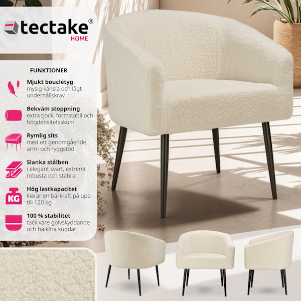 tectake Fåtölj Mysig beige, tjock stoppning med bouclé-tyg Grädde