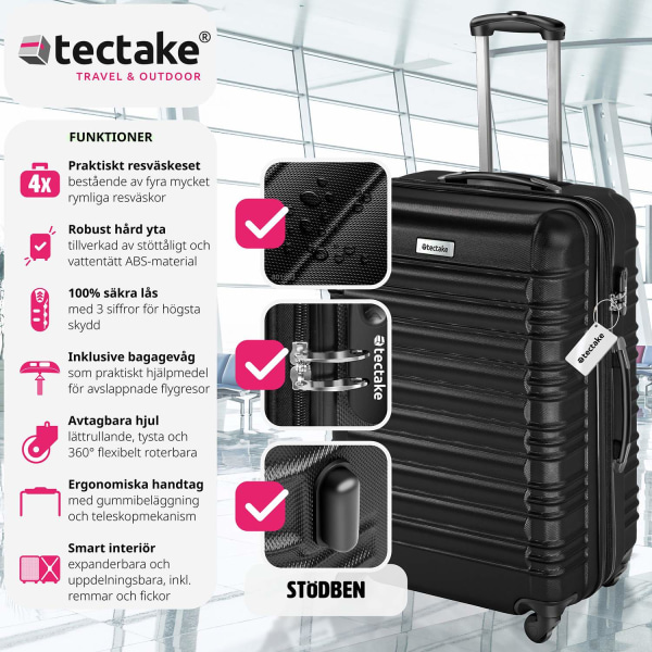 tectake Resväskeset Mila - 4 resväskor, bagage med bagagevåg och Svart