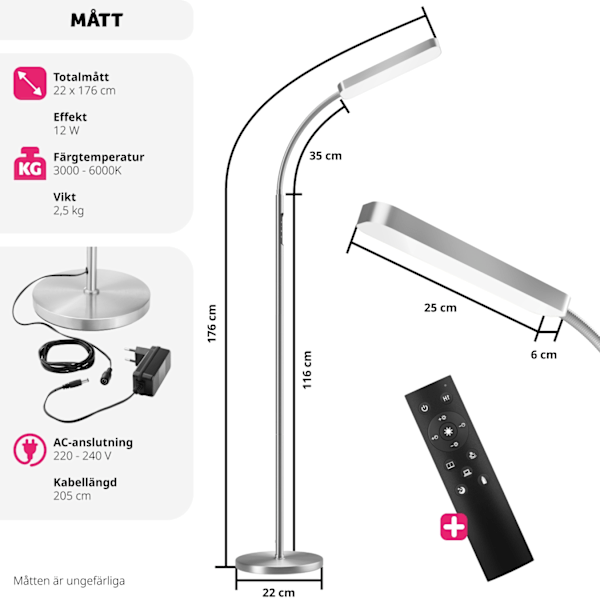 tectake Golvlampa Prisma LED, 5 ljuslägen, 12 W, dimbar Silver