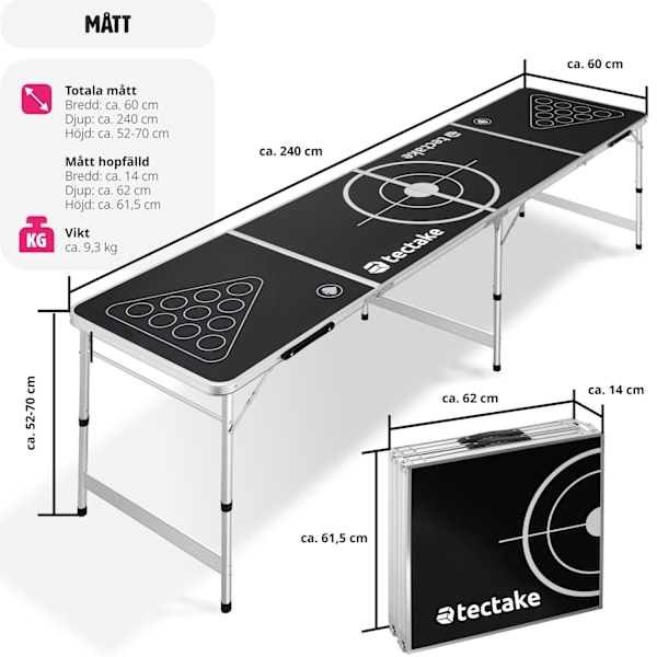 tectake Beerpong-bord Brew Battle, hopfällbar och höjdjusterbar Svart