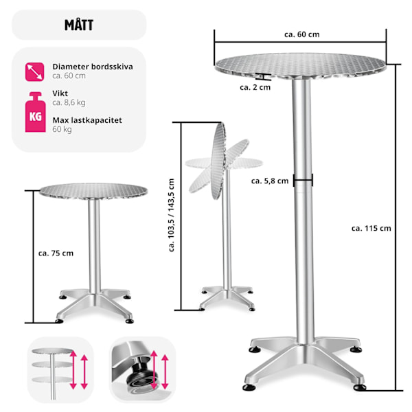 tectake Cafébord i aluminium Ø60cm - 5,8 cm grå