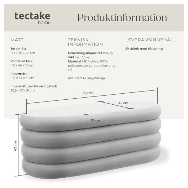 tectake Sittbänk med generöst förvaringsutrymme Altu Grå sammetslook