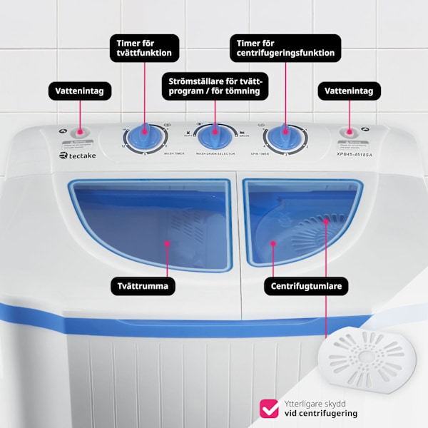 tectake Liten tvättmaskin 4,5 kg med centrifug Vit