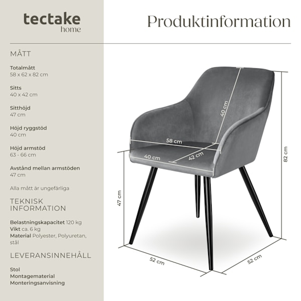 tectake Karmstol Marilyn i sammetstyg -  per styck Svart