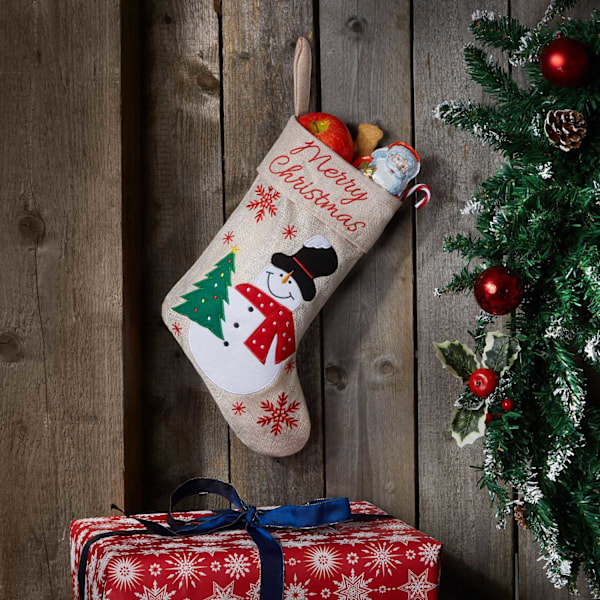 tectake Julstrumpa i juteoptik med snögubbemotiv Beige