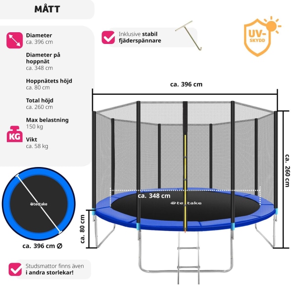 tectake Studsmatta, trampolin med skyddsnät, upp till 80 kg - 39 Blå