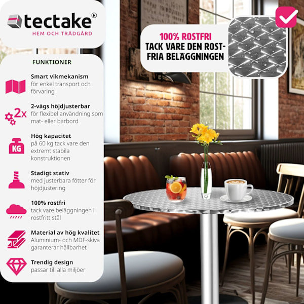 tectake Cafébord i aluminium Ø60cm - 5,8 cm grå