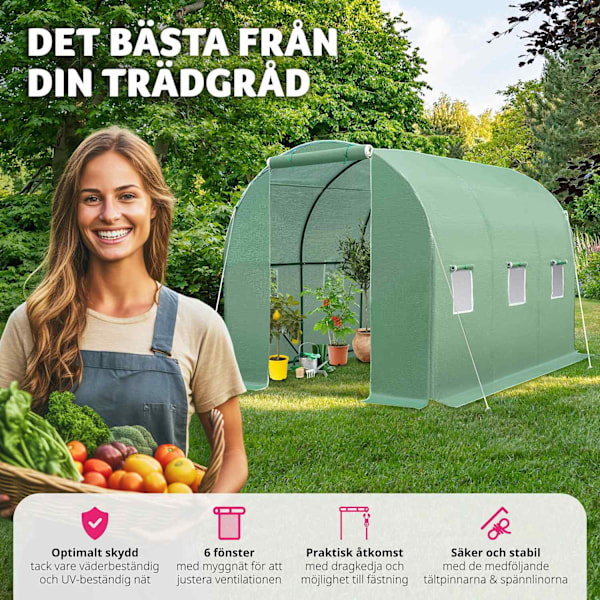 tectake Växthus i tunnelform med 6 fönster 343x200x200cm Grön