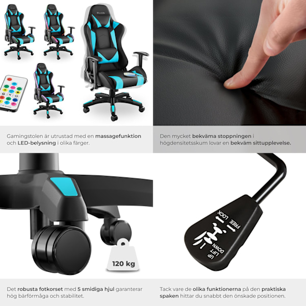 tectake Gamingstol Tartaros, LED, massagefunktion Azurblå