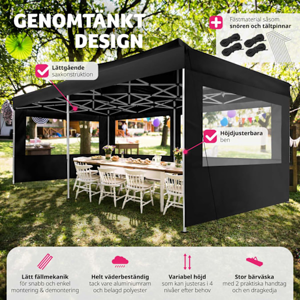 tectake Hopfällbar partytält Viola 3x6 m med 4 sidodelar Svart