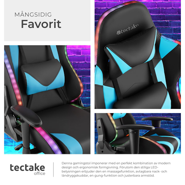 tectake Gamingstol Tartaros, LED, massagefunktion Azurblå