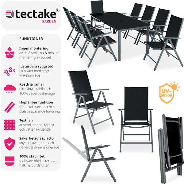 tectake Matgrupp i aluminium med 8 stolar Grafitgrå