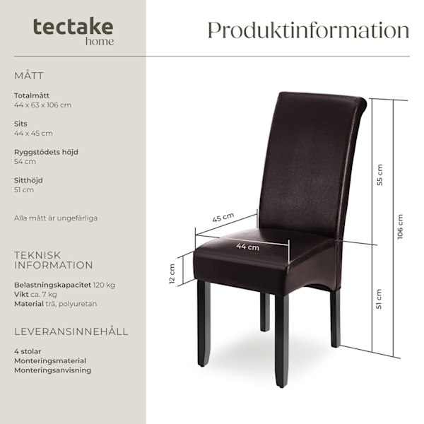 tectake Ergonomisk matstol i robust trä -  Uppsättning om 4 Brun
