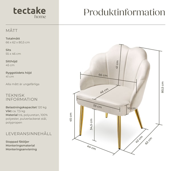 tectake Fåtölj Hellen, stoppad med sammetstyg -  per styck grädde/guld